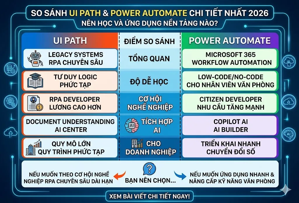 So Sánh UiPath & Power Automate Chi Tiết Nhất 2026: Nên Học Và Ứng Dụng Nền Tảng Nào?